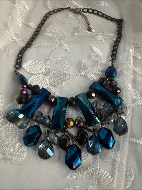 Statement peacock Blue Crystal Bib Necklace
